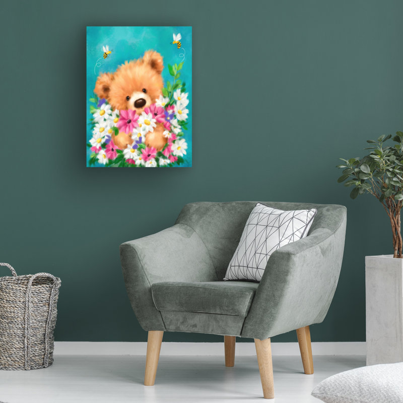 Art sur toile «bolologia», ours avec fleurs 4, H 35 po x l 47 po