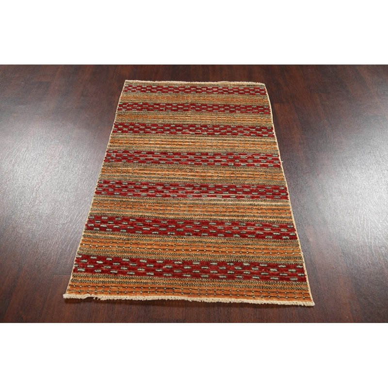 Tapis rouge / orange en laine noué à la main de conception unique 2 pi 11 po x 5 pi 3 po New Age
