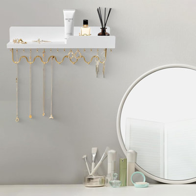 Hanging Jewelry Organizer With 29 Hooks And Cosmetics Shelf, Modern Wood Wall Mounted Jewelry Holder For Necklaces, Bracelets, Earrings And Rings, White