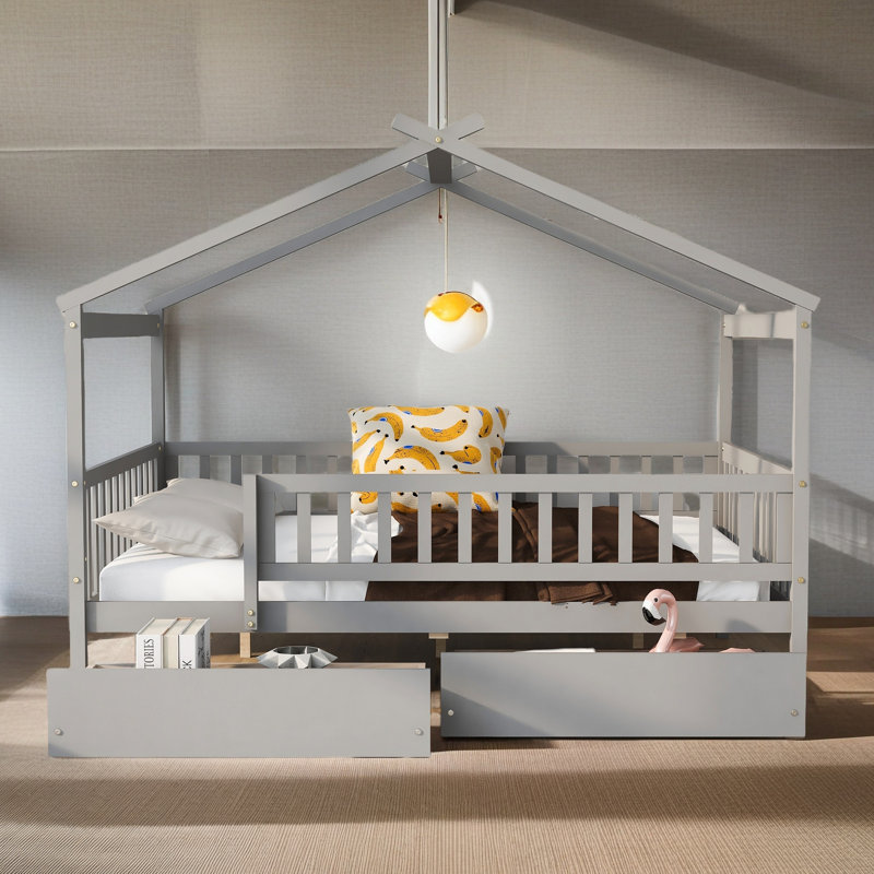 Lit double en bois avec deux tiroirs, Gris