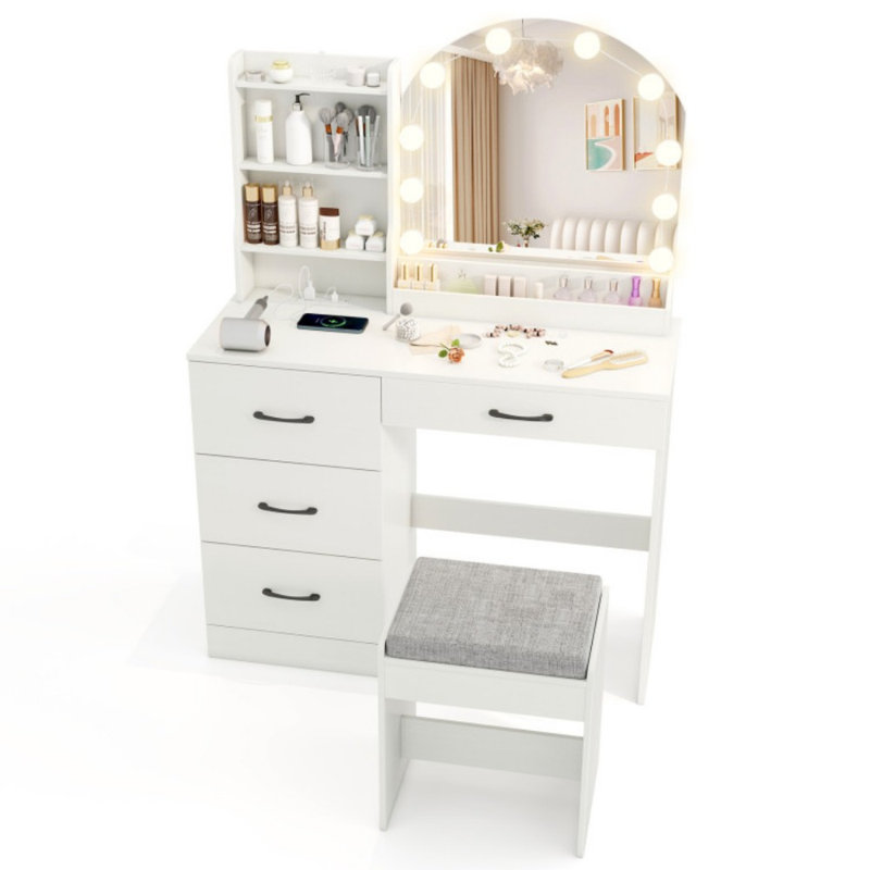 Makeup Vanity Desk Dressing Table and Stool Set with Mirror and Lights, White