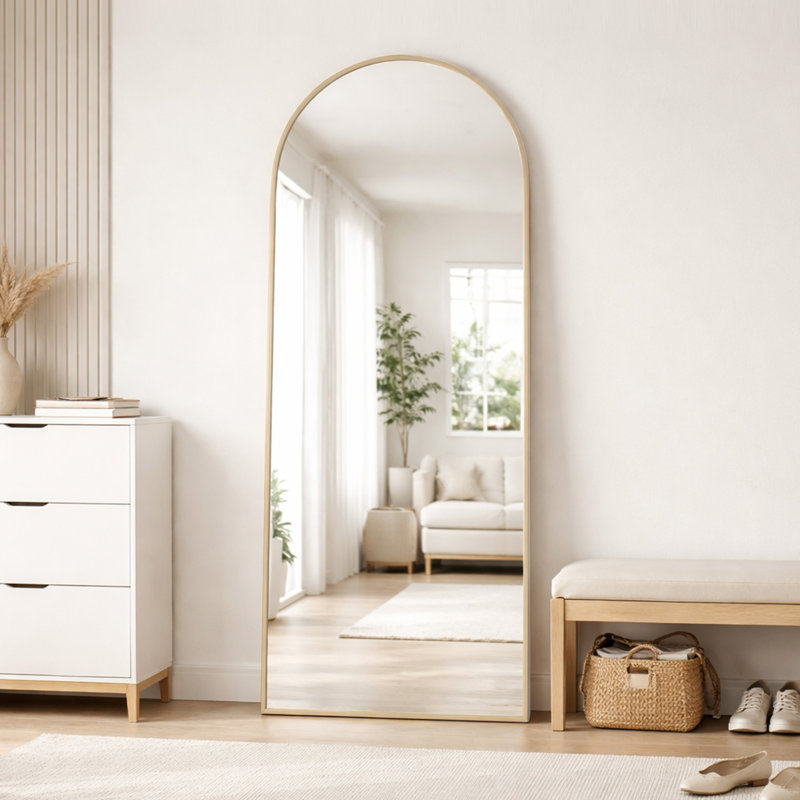 Oversized Arch Floor Mirror with Stand, Wall Mirror, Gold, 70" x 28"