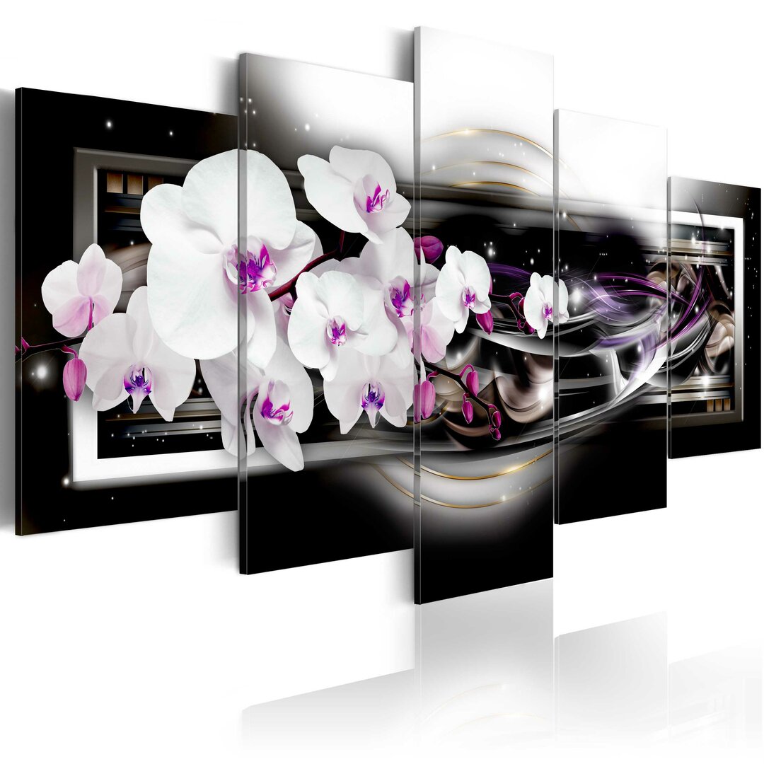 5-tlg. Leinwandbilder-Set - Grafikdruck „Orchids on a Black Background”