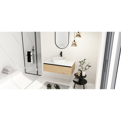 Meuble-lavabo 36 po avec lavabo en céramique Art White, tiroir à fermeture en douceur, conception unique, extension lisse aux 2/3, meuble-lavabo à base de contreplaqué, 1 décor tendance, 45 poignées biseautées, faible saleté