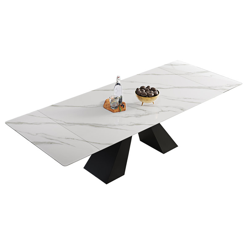 Mature 78.74'' to 110.23” Extendable Rectangular Sintered Stone Dining Table For 10-12, Snowy Mountains White