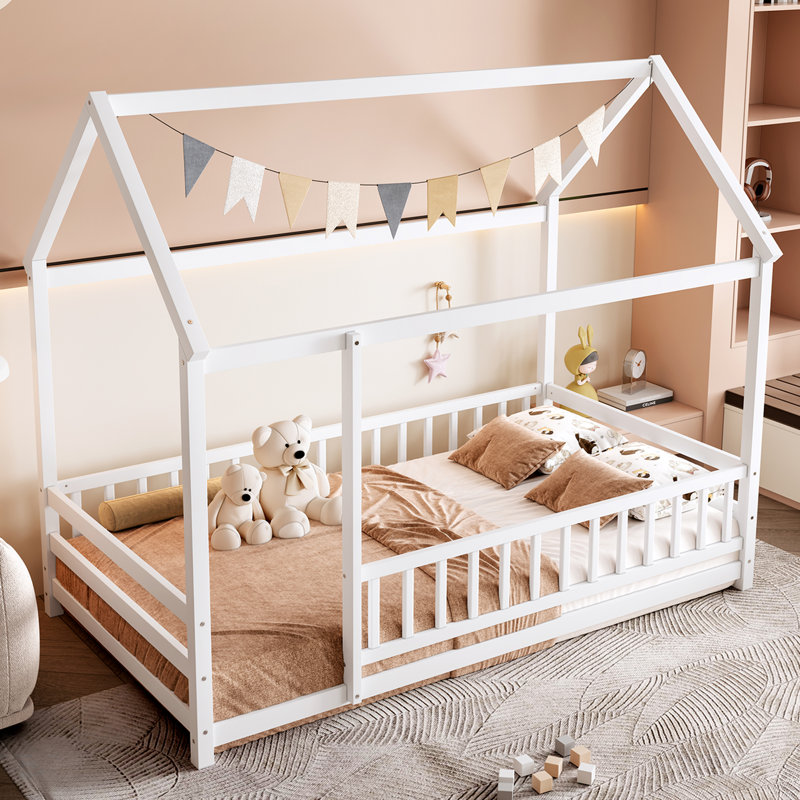 Twin Size Floor Wooden Bed With House Roof Frame, Twin, White