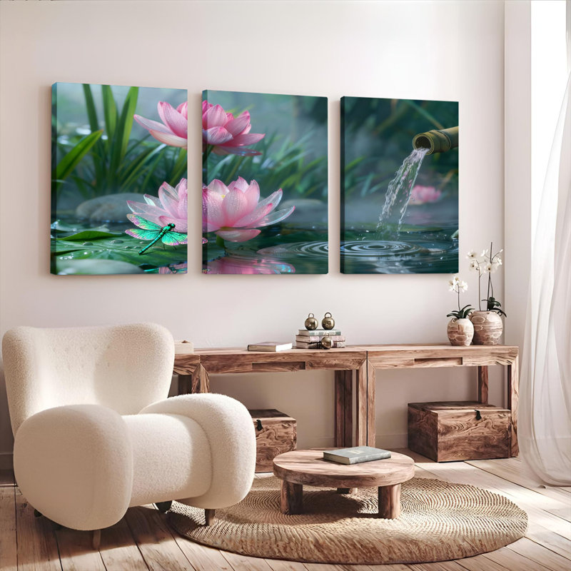 Ensemble de 3 tableaux sur toile tendue représentant des fleurs de lotus, une libellule et une cascade de bambous