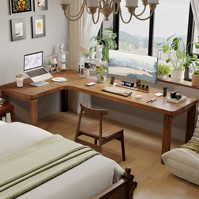 Solid Pine Wood L-Shaped Corner Desk with Open Storage Hutch, Modern Home Office Writing Desk with Wall Bookshelf Cubbies