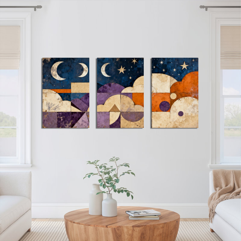 Toile tendue à motif abstrait lune et étoiles (lot de 3), H 36 po x l 72 po