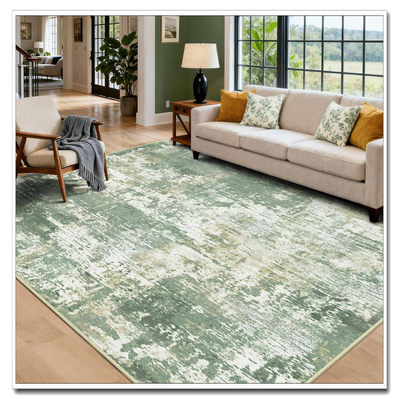 Tides Series 8'X10' Washable Non-Slip Rug - Modern Abstract Print (Light Green/Yellow) For Living Room, Light Green/Yellow