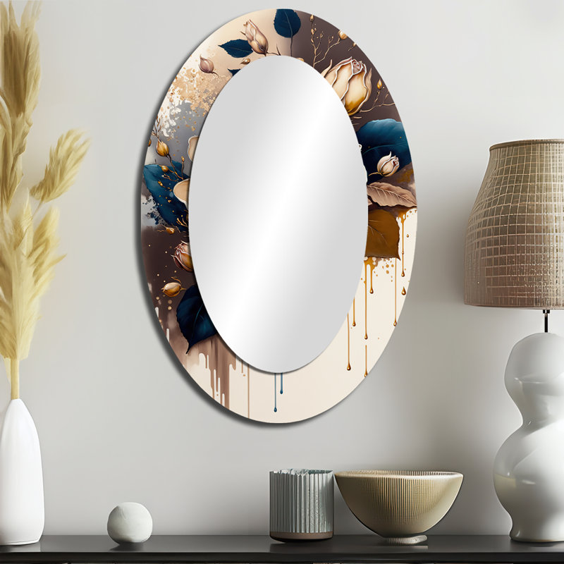Brown and Blue Rose Design - Miroir mural brun traditionnel, 36 po x 24 po