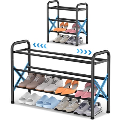 3-Tier Expandable Shoe Rack For Closet Floor, X-Frame Metal Small Shoe Rack For Entryway, Adjustable Shoe Shelf Organizer, Free Standing Shoe Racks For Front Door Entrance, Garage