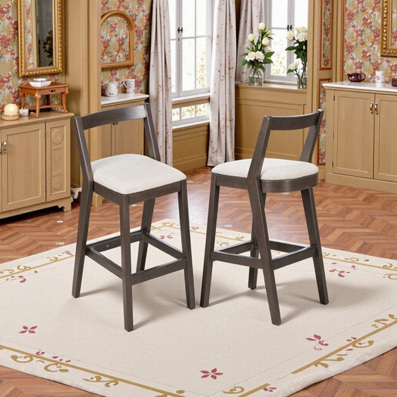 Ensemble de 2 tabourets de bar en bois d'hévéa à hauteur de comptoir avec sièges rembourrés à finition naturelle, Brun