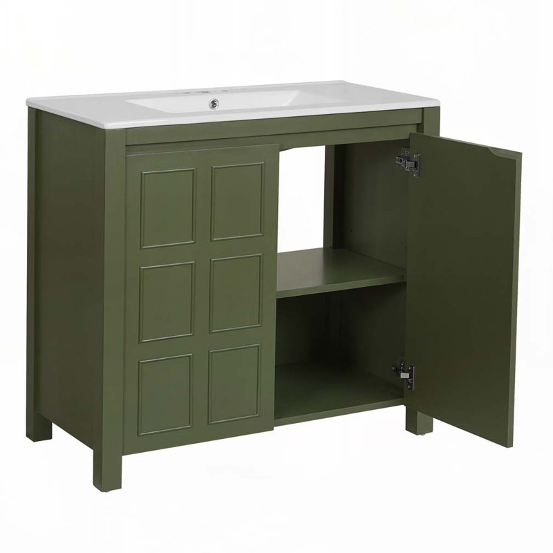 Meuble-lavabo de salle de bain avec lavabo en céramique, armoire et tablette, Vert olive