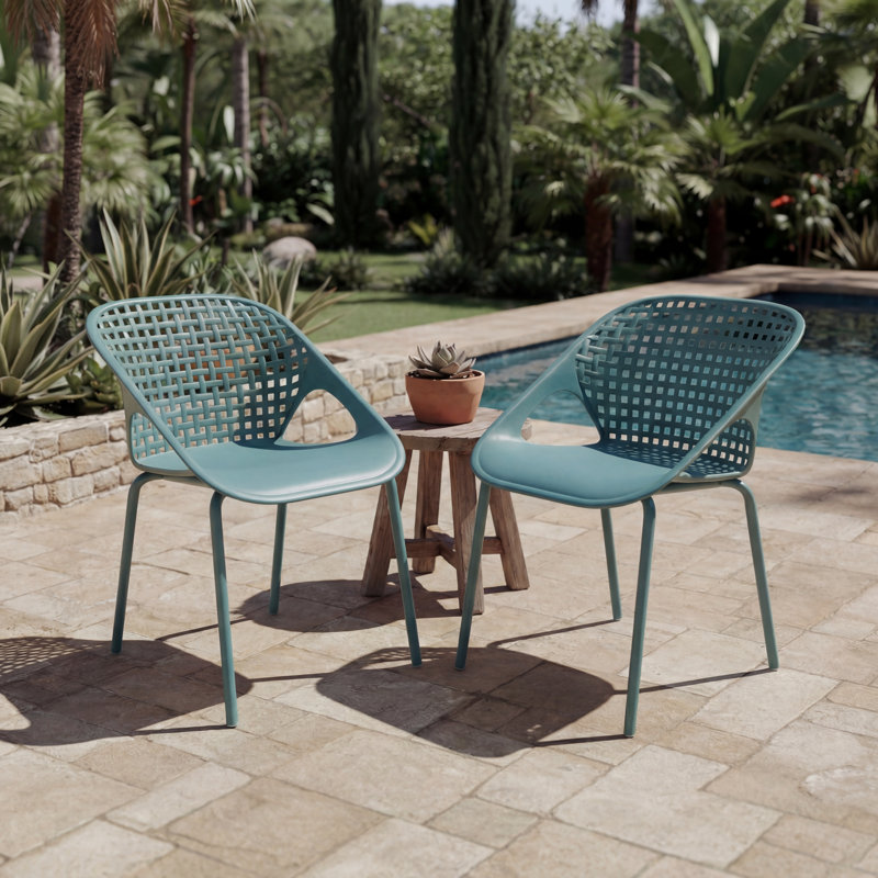 Modern Minimalist Plastic & Metal Outdoor Dining Chair with Lattice Back, Sky Blue