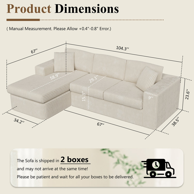  104.3" Upholstered Cloudy Sectional, Beige Corduroy 