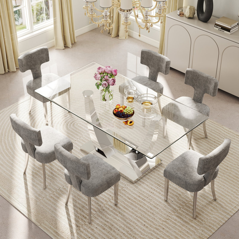 Ensemble de salle à manger moderne à piédestal rectangulaire avec chaise Chenin Dininig, Gris/argent, 7, Argent argent