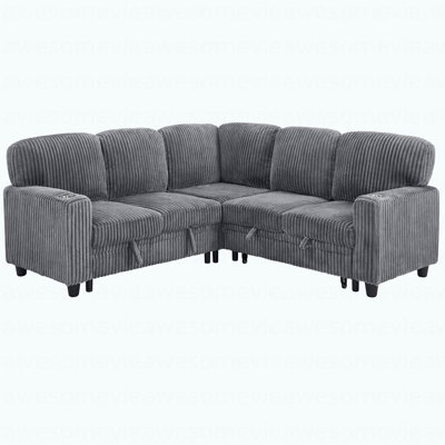 L-Shaped Sectional Sofa Bed With Pull-Out Bed & Storage, 5-Seat Sleeper Couch With USB Charging, Convertible Design For Living Room, Apartment, Corduroy Fabric, Grey