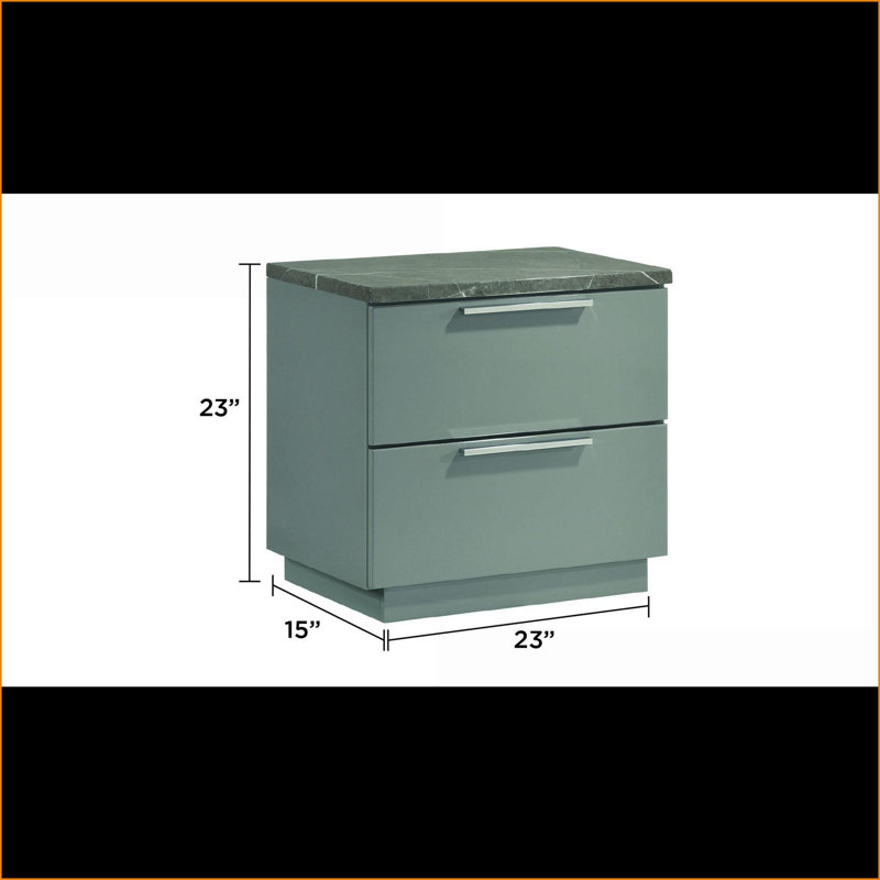 Elara Modern Two-Tone Marble Lacquer Nightstand with 2 Drawers &amp; Metal Legs Gray