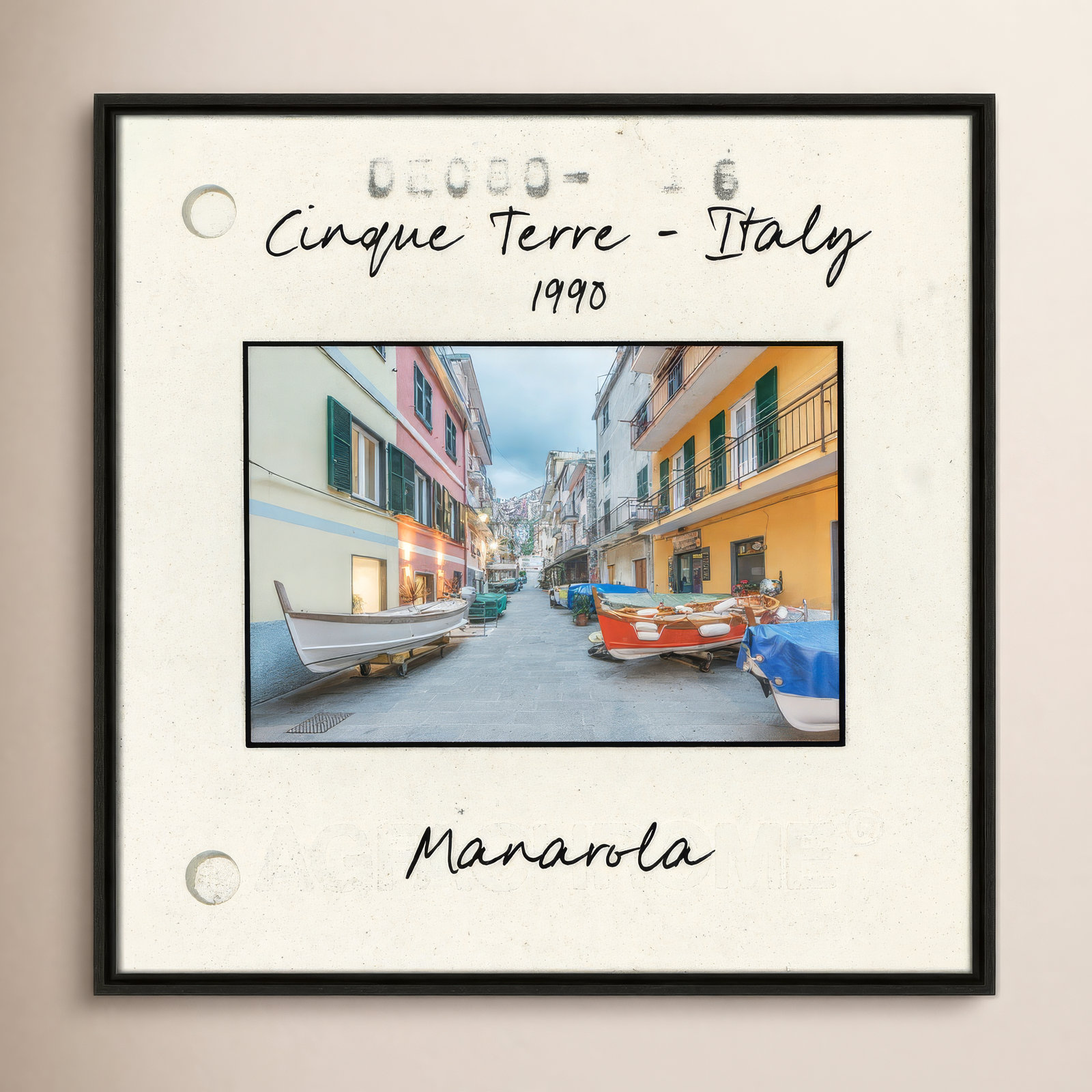 Travel Slide Collection "Cinque Terre - Manarola" Print, Espresso Floater Framed Canvas, 25.5" H x 25.5" W x 2" D