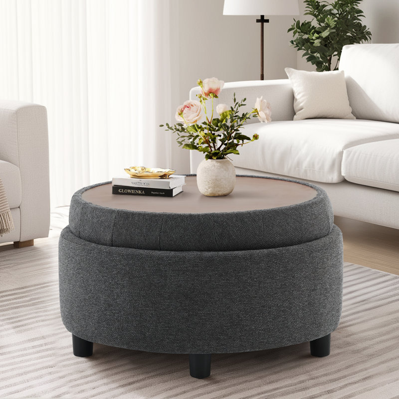 63.5Cm Tufted Round Cube with Storage Ottoman, Dark Grey
