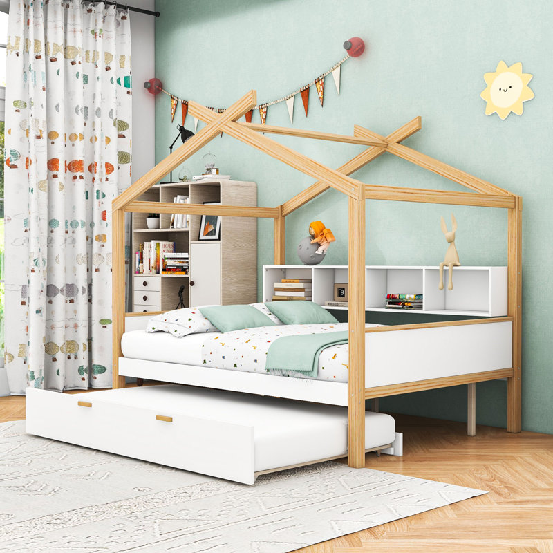 Lit en bois blanc avec lit gigogne simple et tablettes, Double