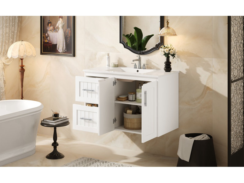 Meuble-lavabo mural moderne 36 po avec lavabo intégré et fabrication en bois massif Pelican, Blanc