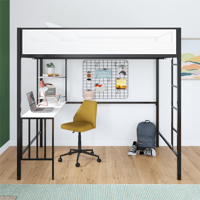 Lit mezzanine double avec bureau et tablettes Axel, Lit double