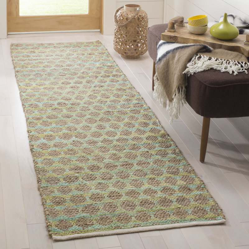 Arria Cape Cod Hand Woven Jute/Cotton Polka Dots Rug in Teal/Natural, Runner 2'3" x 8'