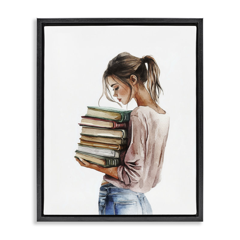 Cadre flottant Library Walk Girl, design par Svetlana Aleynikova, H 31 po x l 25 po, Cadre flottant noir de jais