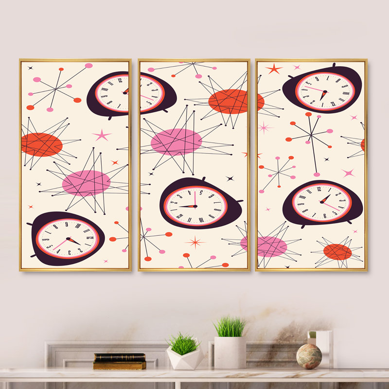 Funky Midcentury Clocks - 3 pièces, reproduction sur toile, Cadre doré, H 32 po x l 48 po x P 1 po