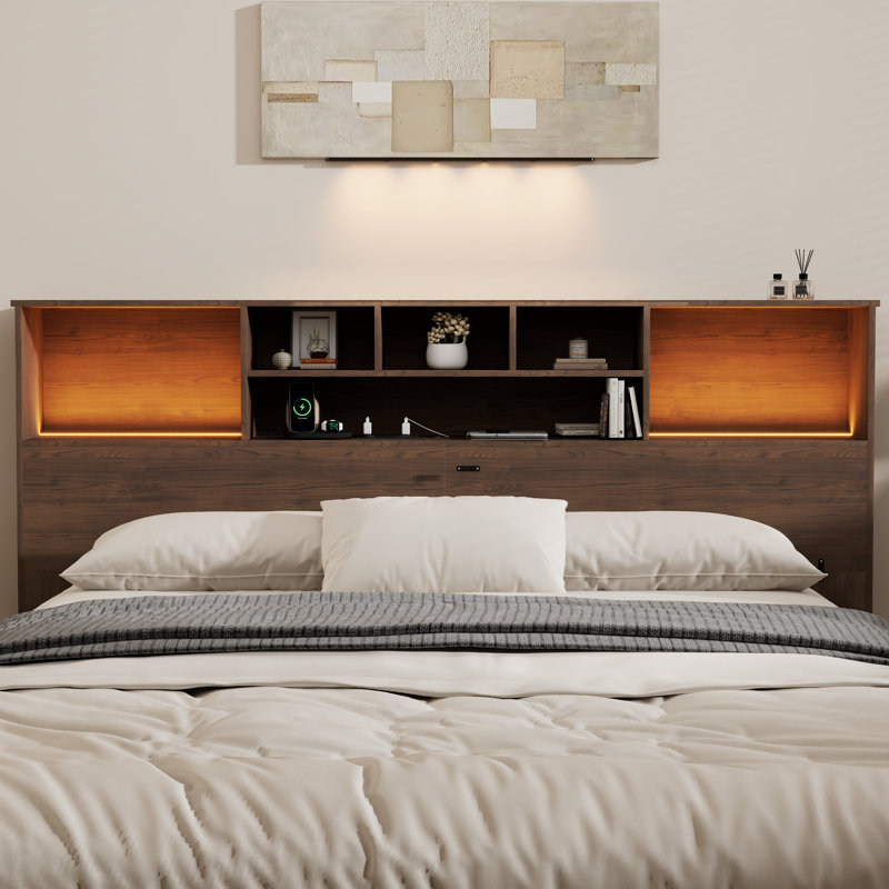 Modern Wooden Bookcase Headboard with Adjustable LED Lights & Charging Station – Queen & King Sizes,, KING, Brown