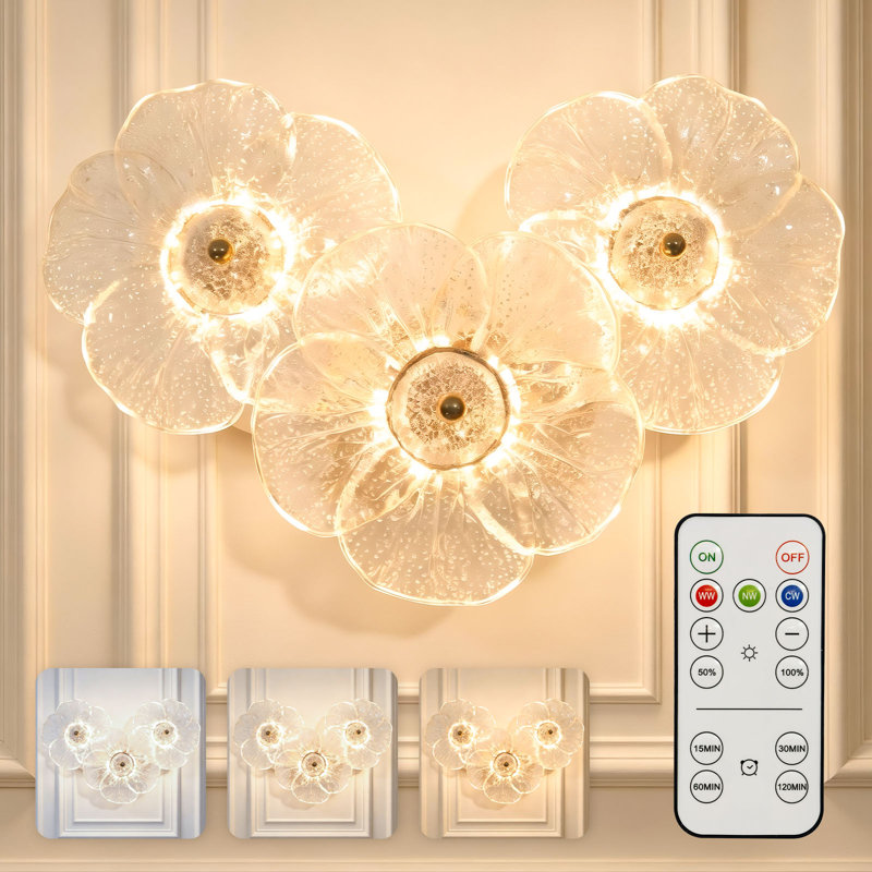 3-Light Flower Glass Wall Lamp with Remote, 3 Colors, Timer, - 10000mAh Detachable Battery, Dimmable LED Wall Mount Lamp for Bedroom Living Room Hallway