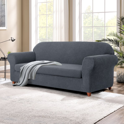 2 Piece Jacquard Sofa Cover, Polyester Spandex Stretch Couch Slipcover for Living Room, Easy Install & Washable Furniture Protection (Sofa, Gray)