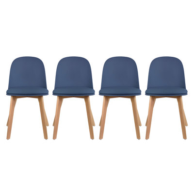 Jackqueline Modern Faux Leather Dining Chairs – Set of 4 Armless Side Chairs with Cushioned Seat and Wooden Legs for Kitchen or Dining Room, Blue