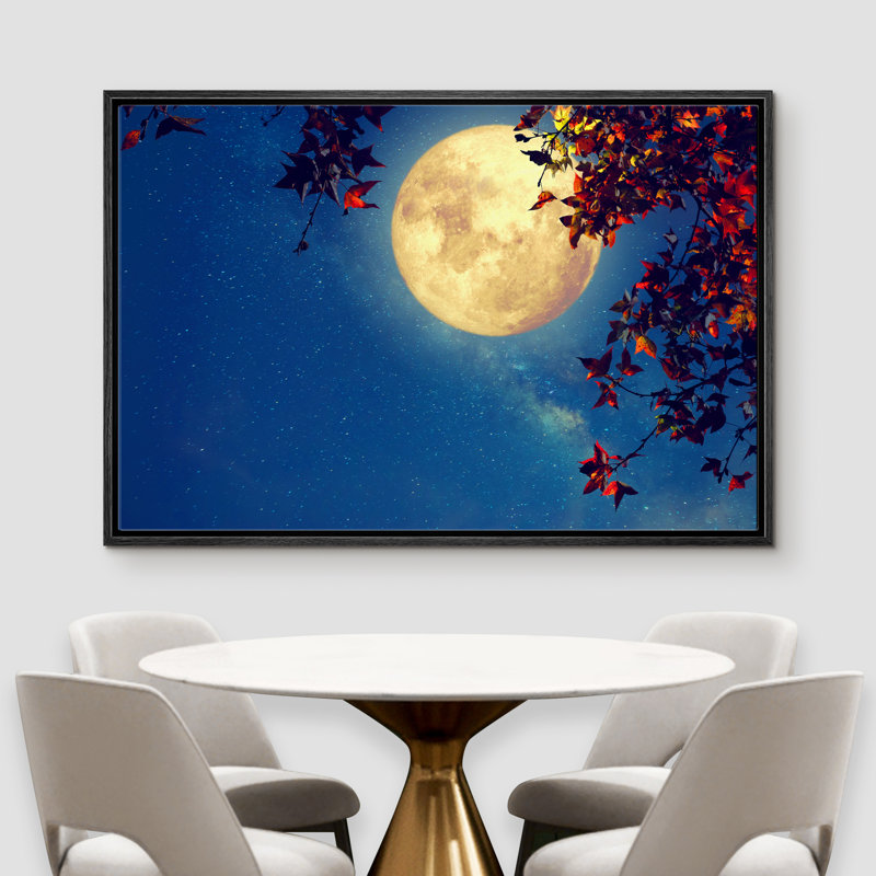«Shining Full Moon entourée de feuilles», cadre flottant, impression sur toile, Cadre noir, H 16 po x l 24 po x P 1,5 po