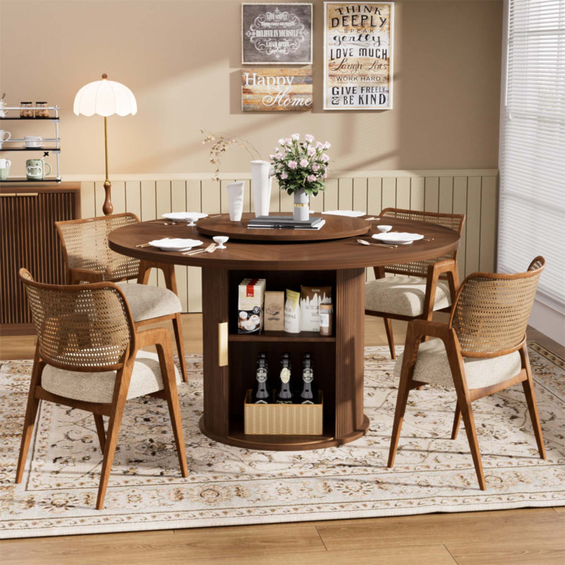 Table de salle à manger ronde de 55 pouces avec plateau rotatif et rangement à deux niveaux, parfaite pour la salle à manger et le salon (table seulement)