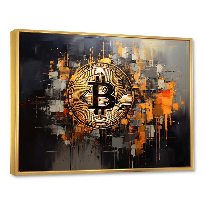Or et gris - Crypto monnaie - art mural mode, Cadre flottant doré, H 24 po x l 32 po x P 1 po
