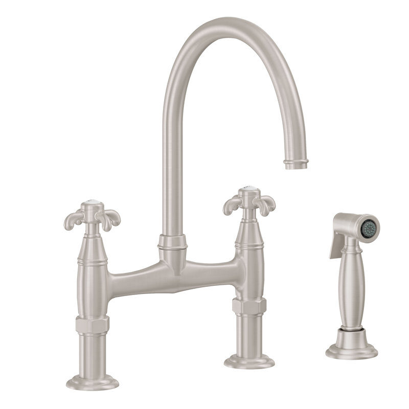 Bridge Kitchen Faucet, 61 Series Cross Drop, Polished Chrome, With Side Spray