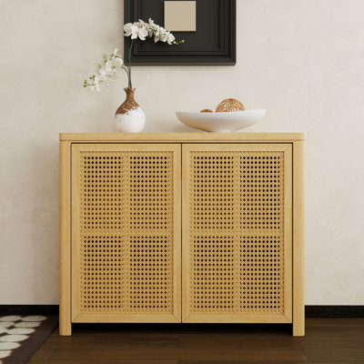 39" Mid Century Modern Rattan Storage Cabinet With 2 Outlet Holes And Shelves