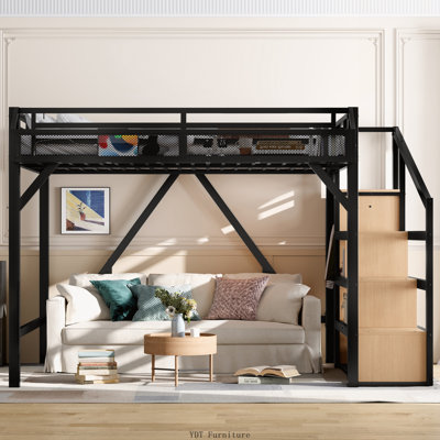 Queen Size Metal Loft Bed with Storage Stairs | Built-in Wardrobe, Shelves, USB Ports & LED Lights, Noise-Reduced Design, Natural Wood