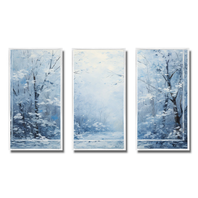 «Winter Landscape Snowfall Forest I - Winter Landscape», art mural, Cadre flottant blanc, H 28 po x l 36 po x P 1 po