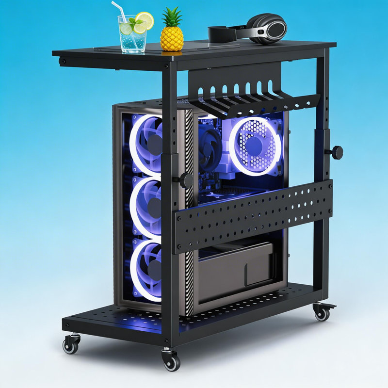 Support pour ordinateur portable à 2 niveaux avec support de gestion des câbles, support pour unité centrale de traitement à hauteur réglable avec crochets pour le bureau personnel de jeu, support pour PC sous le bureau.