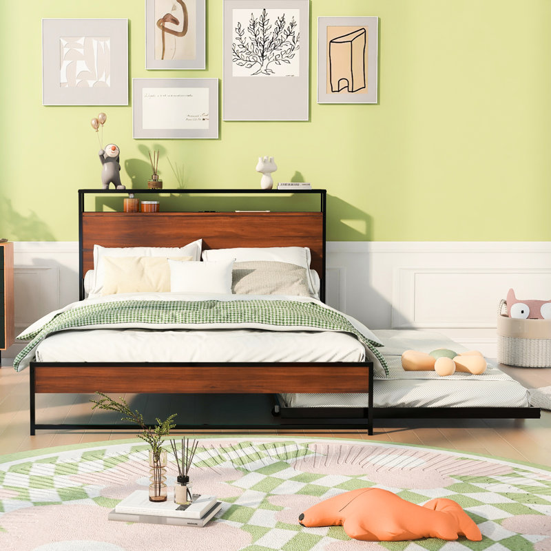 Lit double en métal avec lit gigogne et sommier à lattes. Finition noire. Robuste, sans sommier tapissier. Design élégant pour la chambre à coucher.