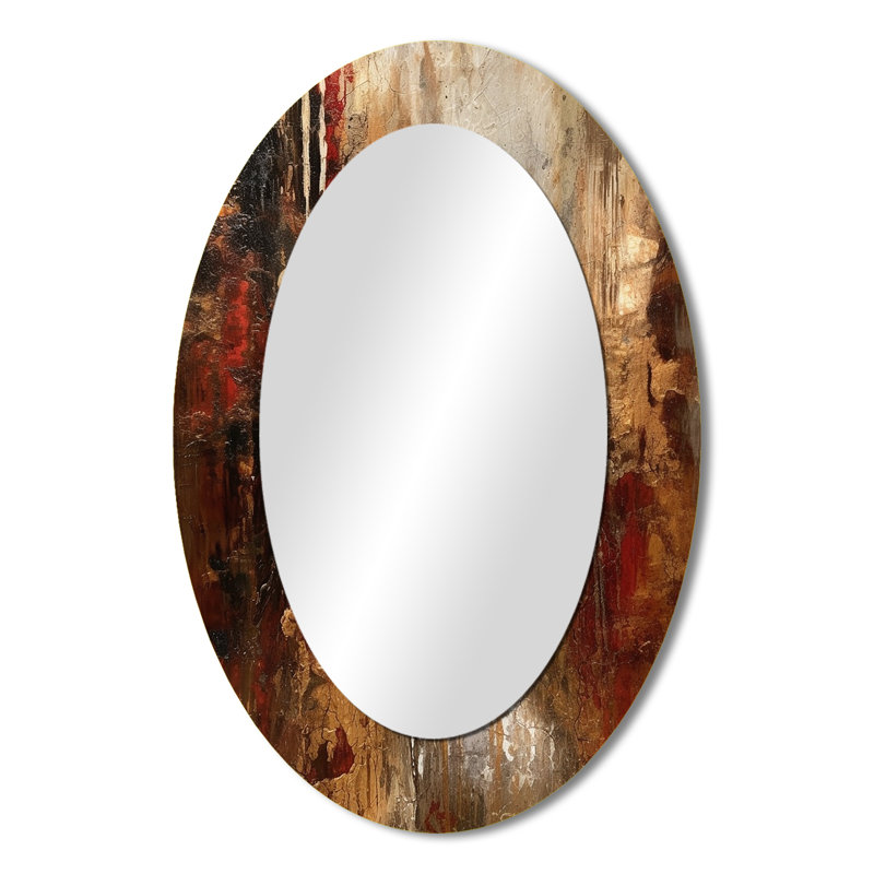 Révélations anciennes italiennes en or et rouge - Miroir décoratif abstrait ovale sur métal, 36 po x 24 po