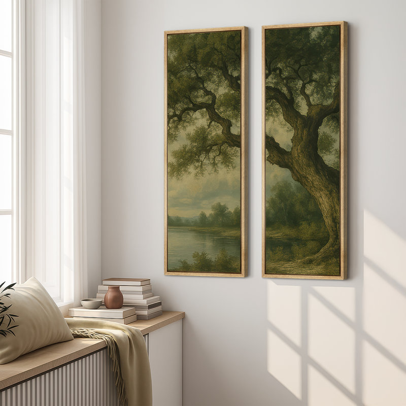 «Old Oak Tree Riverside Landscape», ensemble de 2 reproductions d'art encadrées sur toile 60 po x 20 po x 2 pièces, Naturel
