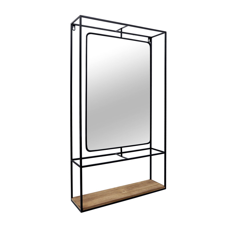 Wall Storage Unit with Metal Iron Frame, Wood Base, Glass Mirror, and Open Shelf.