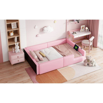 Lit simple rembourré rose avec garde-corps et charge - confortable pour la lecture au lit, garde-corps doux de taille stable, facile à assembler seul