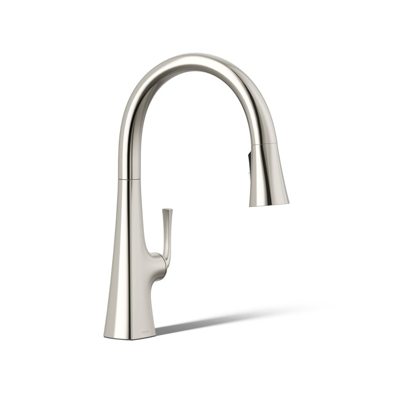 Robinet de cuisine escamotable à poignée simple avec douchette à trois fonctions Graze, Nickel poli