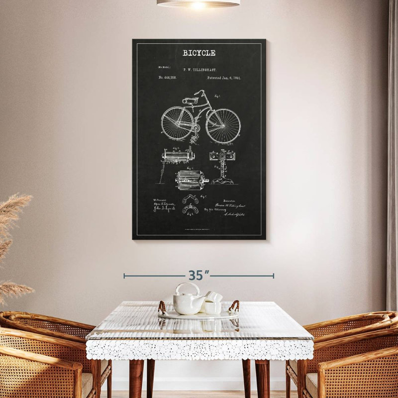 Bicyclette rétro brevet sur toile, H 48 po x l 32 po x P 1,25 po